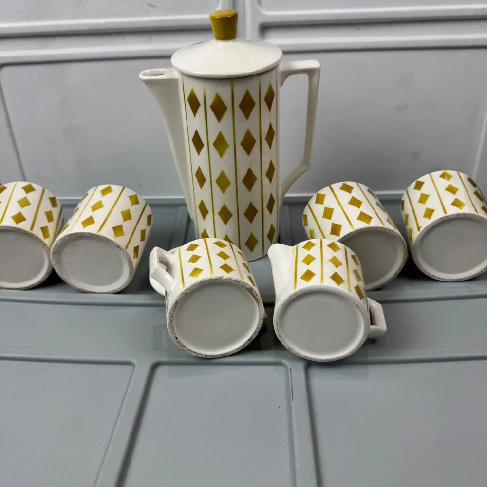 VTG Royal Sealy Harlequin Diamond Coffee Tea Set White Mustard MCM Ceramic 9pc